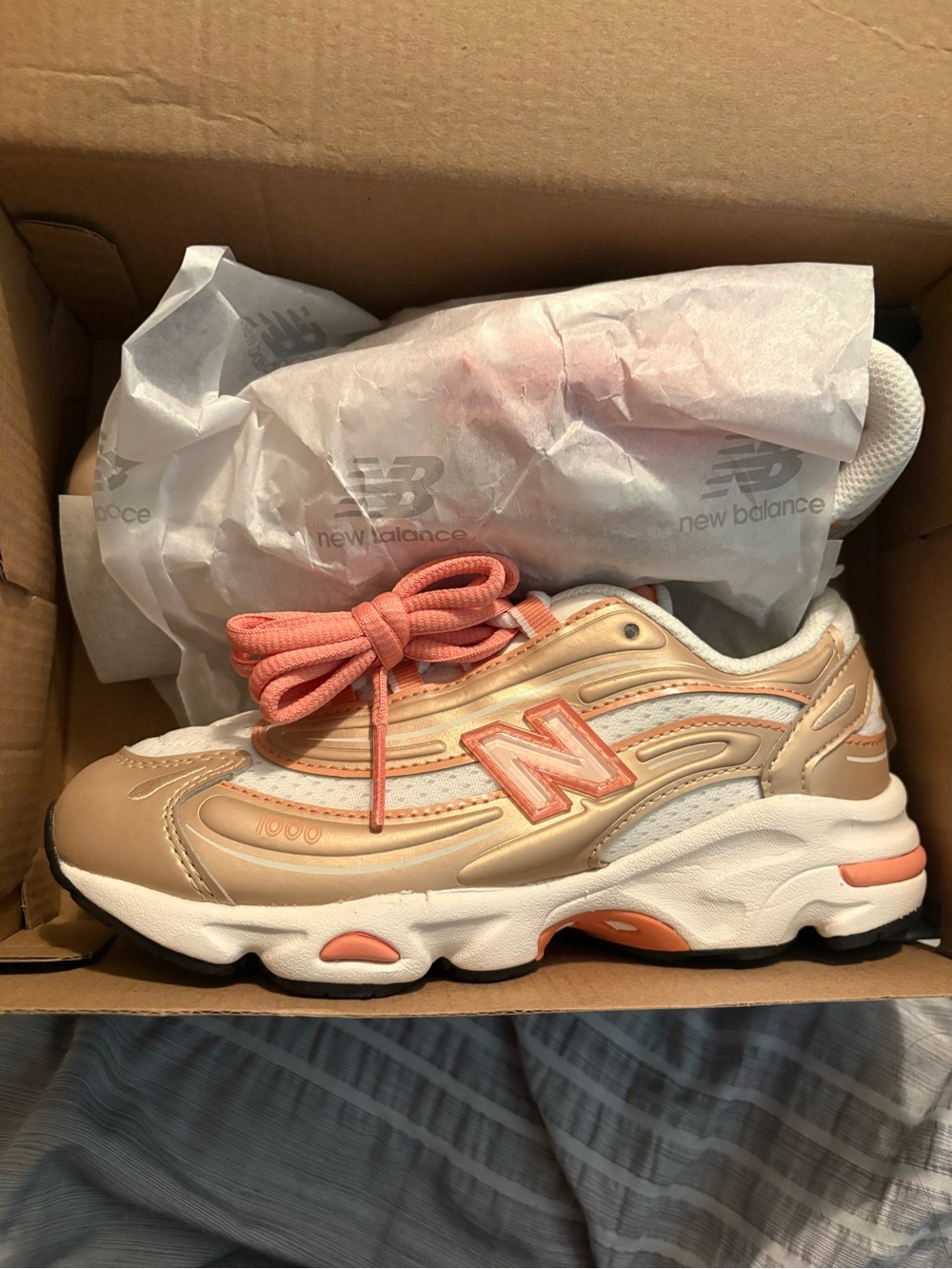 Brand New: New Balance 1000s size 1 Kids' Gold & Coral (extra laces)